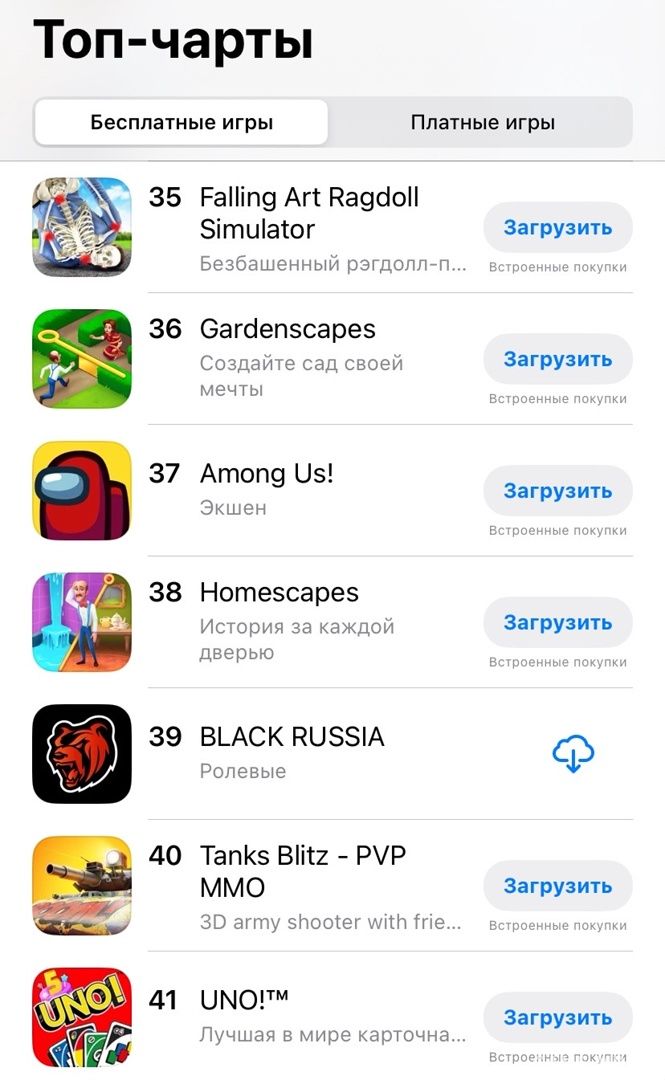 На данный момент лаунчер BLACK RUSSIA в App Store входит в топ 40 бесплатных игр.